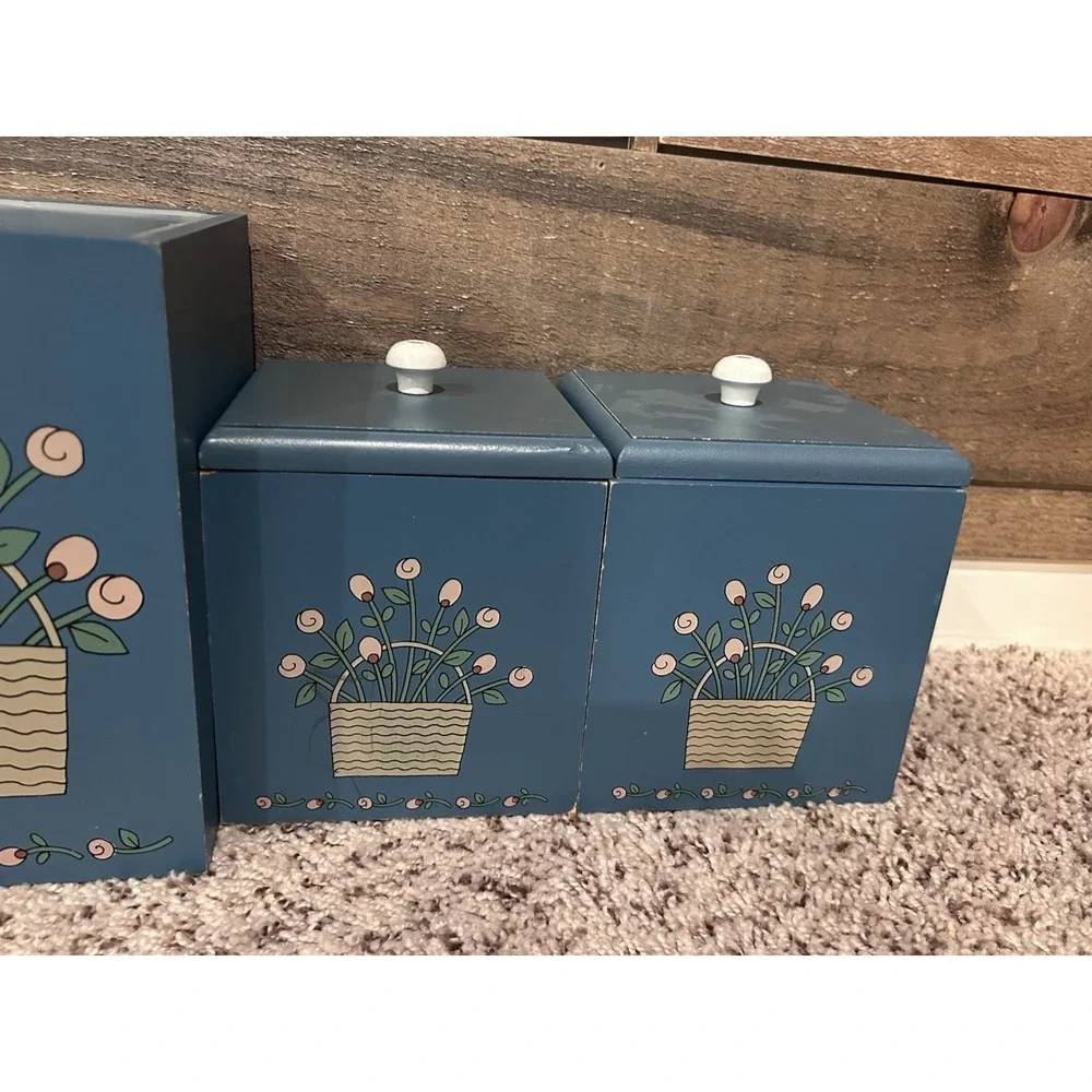 Four Vintage Blue Painted Floral Farmhouse Wooden Kitchen‎ Canister READ